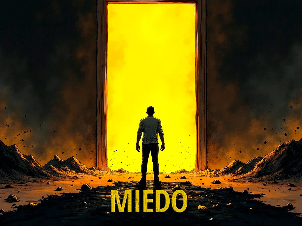 Dibujo de estilo novela gráfica de un hombre atrapado por sus propios miedos, una metáfora visual de por qué es tan difícil dejar de autoboicotearse.