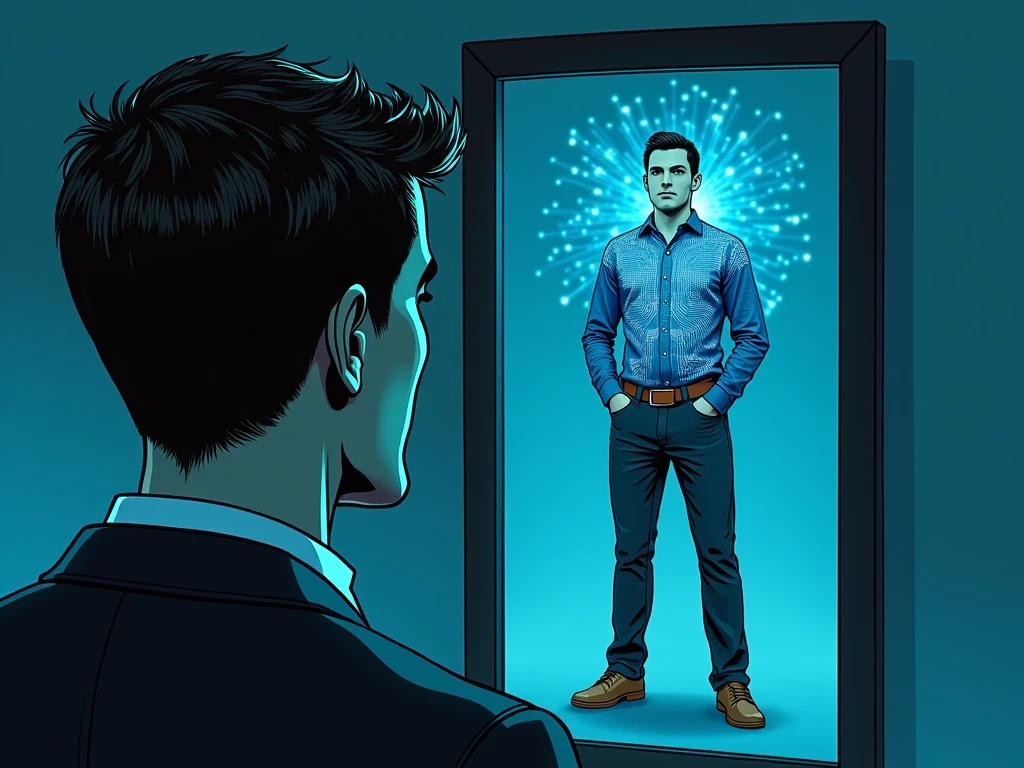 Tu nueva mentalidad decidida en Reset Tech Mind. Persona mirándose al espejo y viendo una versión mejorada y decidida de sí misma con circuitos integrados de Reset Tech Mind.